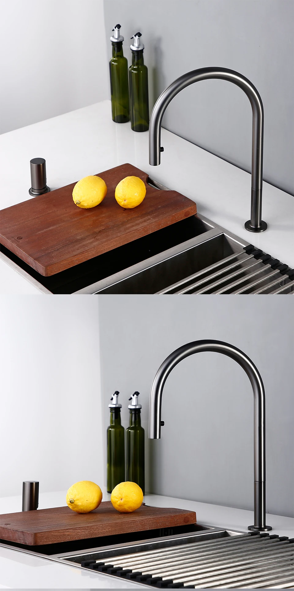 Pull Down Kitchen Sink Faucet Brushed Gunmetal Black Single Handle Double Hole Hot And Cold Sprayer Brass Countertop Mounted