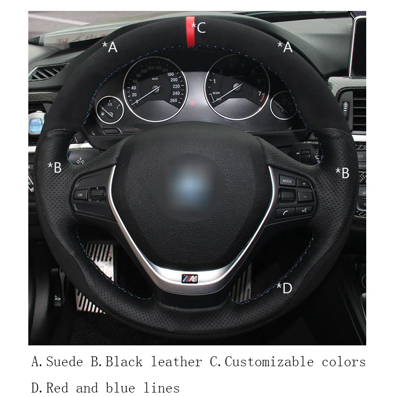 Hand-stitched black leather suede car steering wheel cover for BMW F20 F21 F22 F23 F30 F31 F34 F32 F33 F36