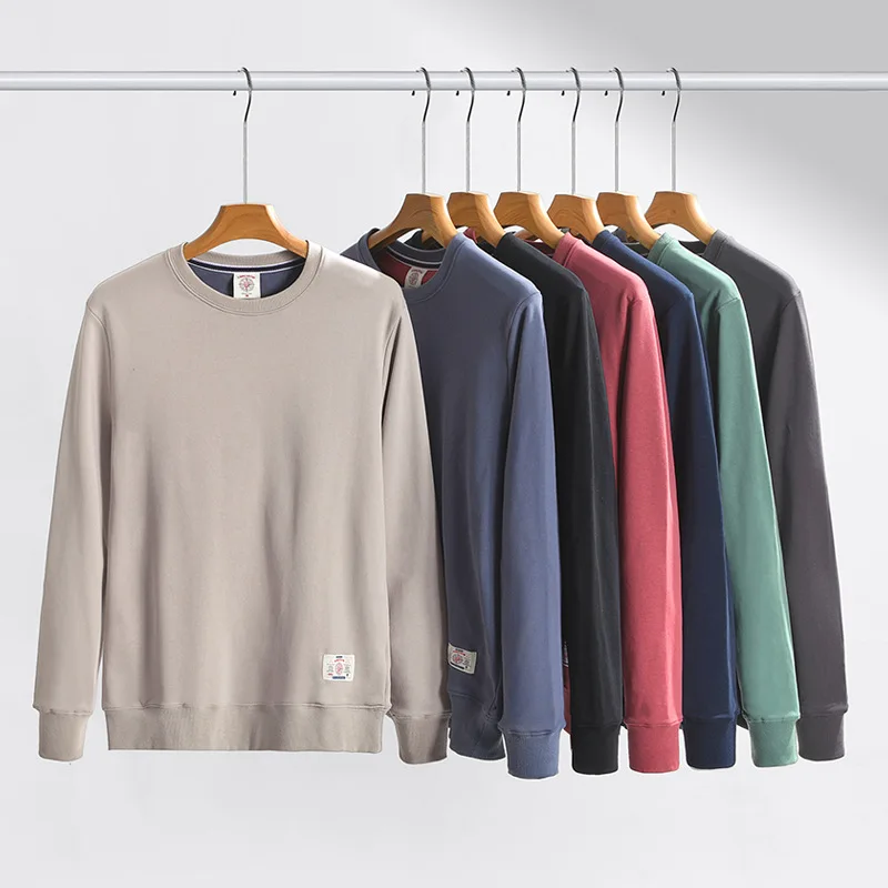 

W2038 Spring Fall Men Sweatshirts Premium Cotton Loose Solid Color Casual Simple Round Neck Long Sleeve Youthful Pullovers Tops