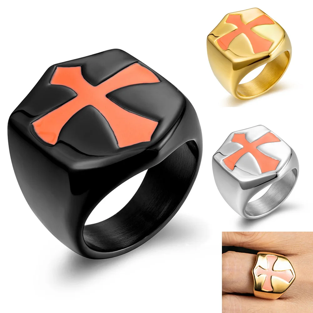 

2019 Punk Titanium Steel Ring Shield Cross bands Black Gold Color Christmas Gift Jewelry