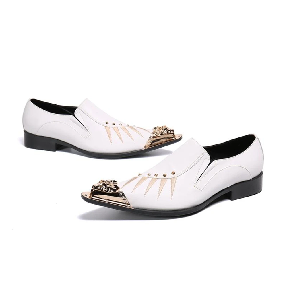 

Men Pointed Toe Genuine Leather Shoes Formal White Wedding Dress Shoes Brogue Business Slip-on