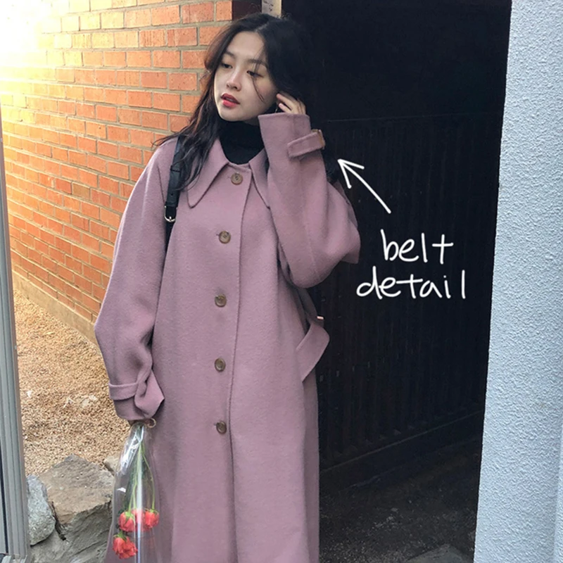 Women Autumn Winter Pink-purple Loose Long Wool Coat Jacket Tender Woolen Overcoat Belt Single Breasted Cardigan Cloak