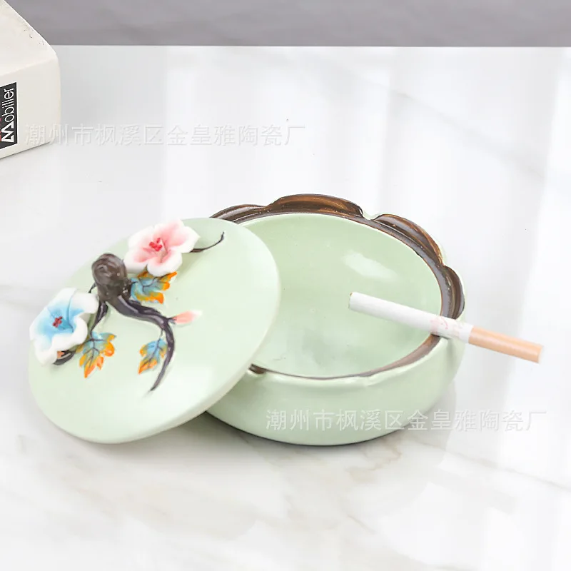 Enamel ceramic ashtray with cover, living room tea table decoration, small cigarette tray storage box