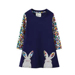 Jumping Meters Hot Selling Children's Girls Dress For Autumn Spring Princess Kids Cotton Clothes Animals Embroidery Bunny Dress