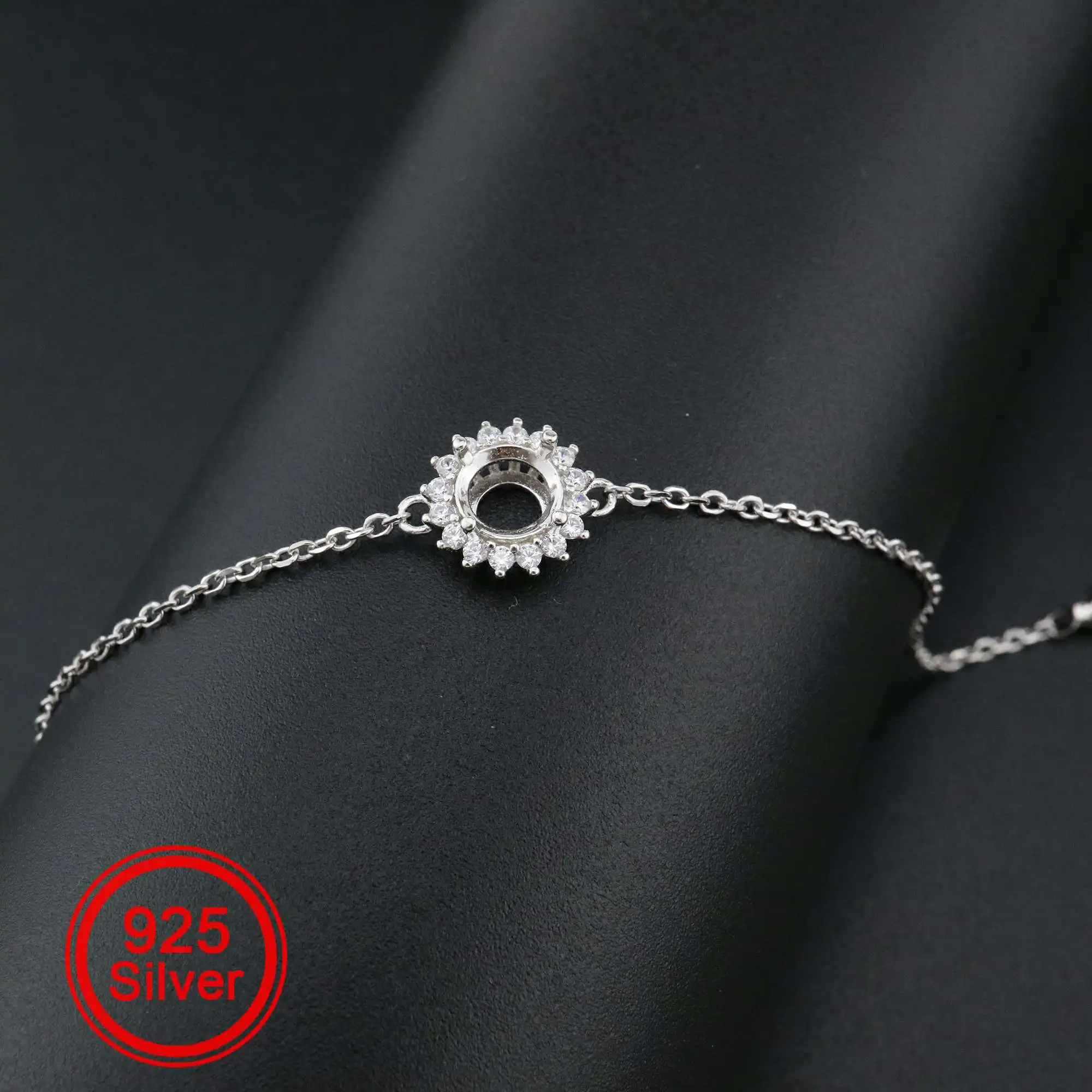 

1Pcs Round Prong Bezel Bracelet Settings Halo Solid 925 Sterling Silver Tray for Gemstone 6''+1.6'' 1900247