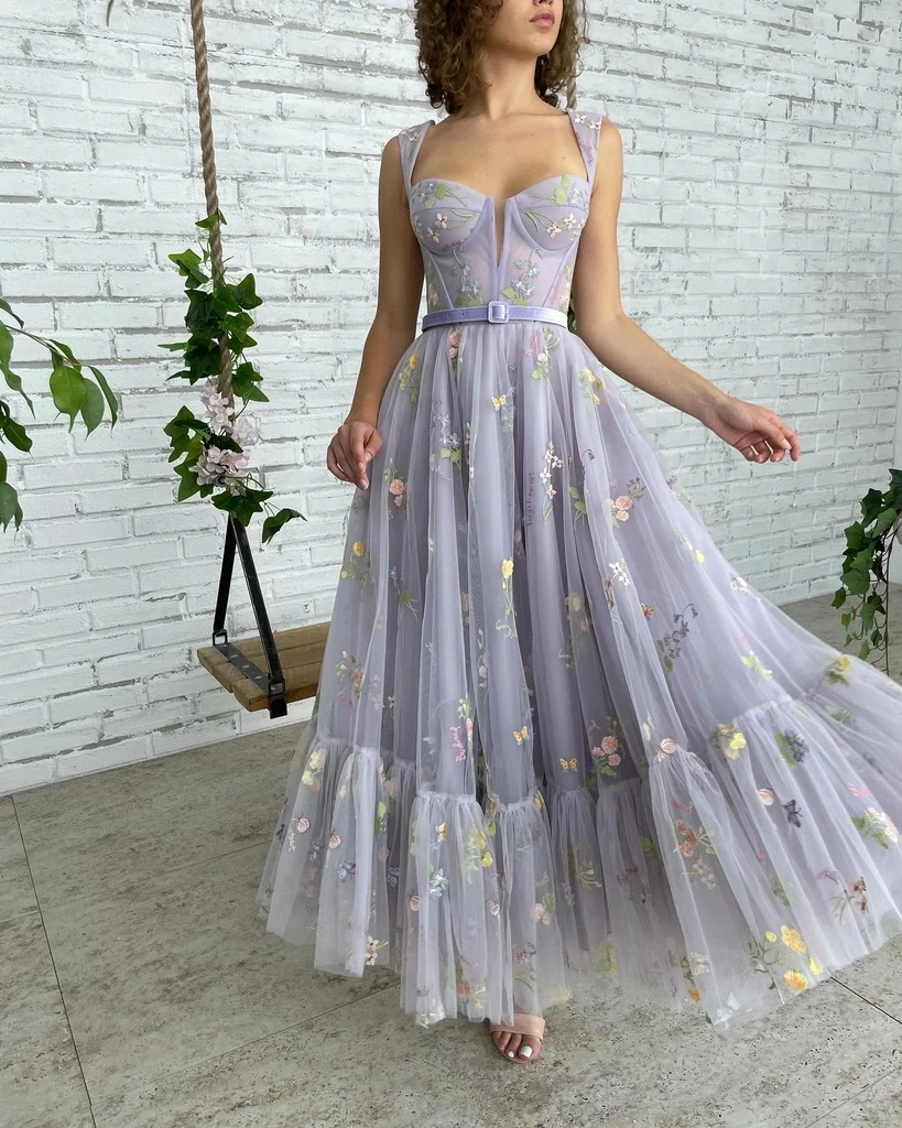 Lilac โมร็อกโกชุดราตรี A-Line สายรัดสปาเก็ตตี้ Tulle Appliques Teuta Robe De Soiree ชุดราตรี Mato ชุดราตรี Shi