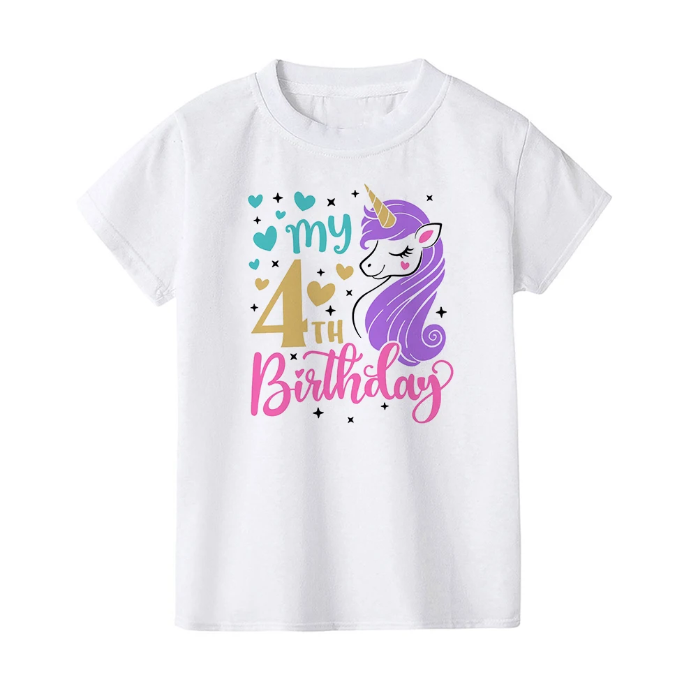 Cartoon Unicorn Printed Kids Girls Summer Birthday T-shirts Short Sleeve T Shirt Size 1-8 Year Children Party Clothes Tees Tops