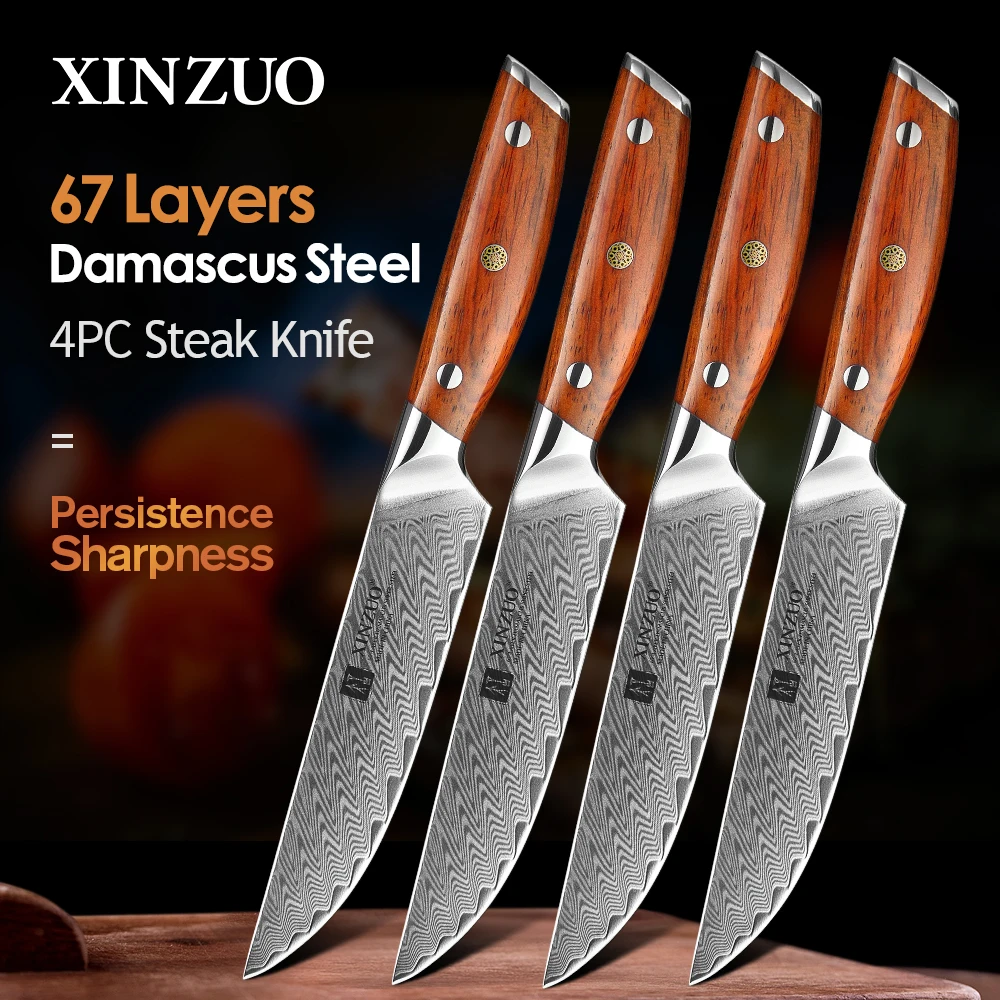 

XINZUO 5" Steak Knife Set Damascus VG10 Steel Razor Sharp Blade Chef Cutting Tools Damascus Cut Meat Kitchen Cooking Knives