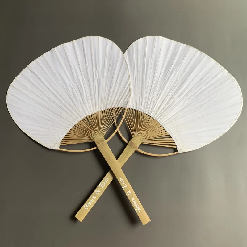 30PCS Japanese Style Bamboo Handle Wood Paddle Paper Hand Fan Customized with Bride and Groom's Names Wedding Gift Favors