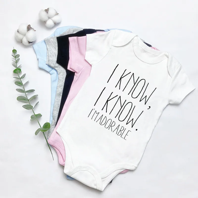 I Know I Know I'm Adorable Cotton Baby Bodysuit Short Sleeved Newborn Boys Girls Clothes Cute Jumpsuit 0-24M 5 Colors