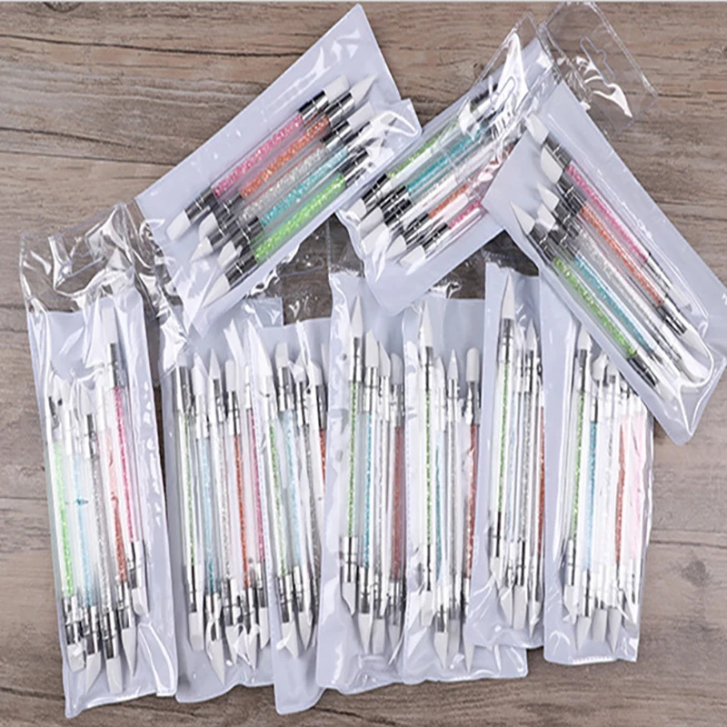 5 Pcs Acrylic Handle Silicone Nail Brush 2-ways Silicon Tool L,5 Pieces Brush Rhinestone Crystal Nail Art Brush Pen 14cm Length