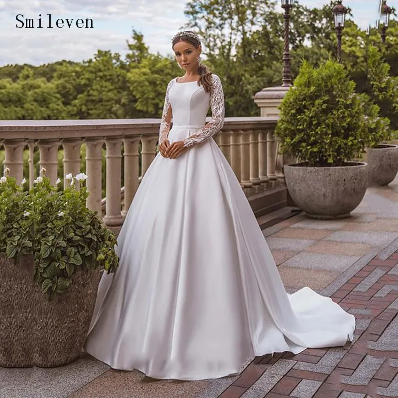 Smileven-vestido De novia De satén De princesa, ropa De boda De manga larga, línea A, De encaje, estilo bohemio, hecho A medida