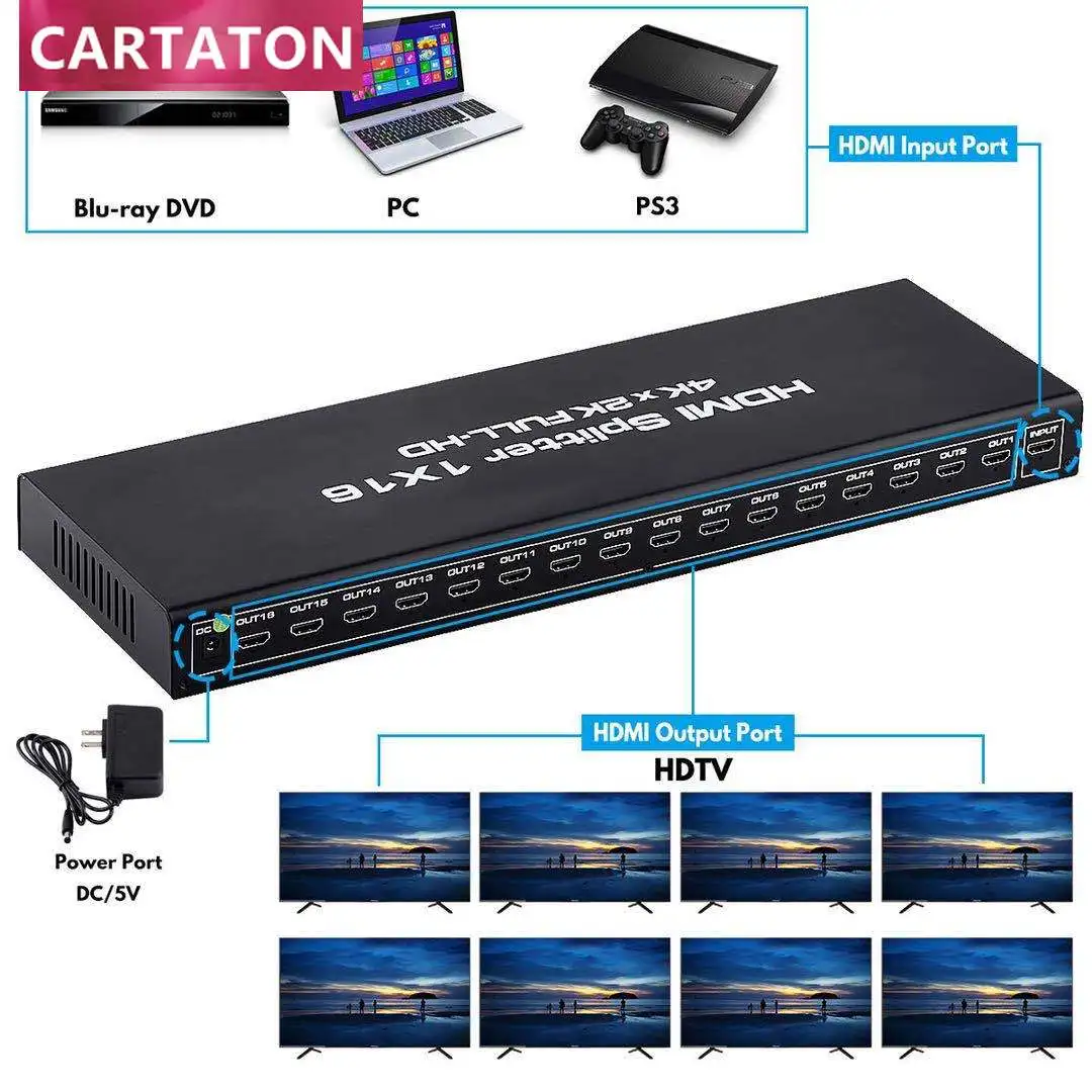 16 Port 4K 60HZ 1x16 hdmi splitter 1 in 16 out Rack Mount Compatible for with Xbox PS4 Fire Stick Blu Ray Apple  HDTV  switcher