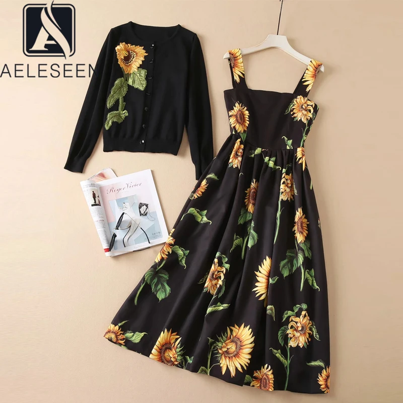 AELESEEN Runway Fashion 2 Piecese Sets Autumn Winter Knitted Flower Embroidery Blouse+Spaghetti Strap Dress Elegant Twinset