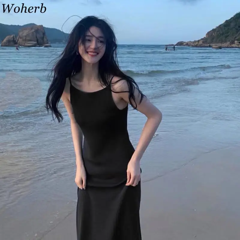 Woherb 2024 Sexy Robe Femme Slim Solid A-line Loose All Match Spaghetti Strap Dress Casual Party Chic Long Dresses Vestidos