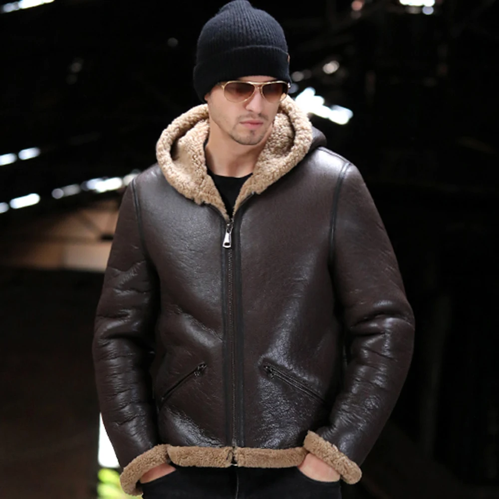 LUHAYESA Men Winter Real Fur Coat Natural Thicken Hooded Sheepskin Fur Clothing Brown Short Genuine Leather Jackets