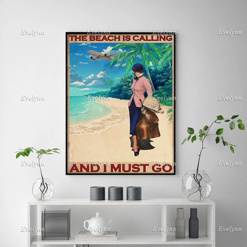 Travel Traveling Girl The Beach Is Calling And I Must Go Poster Summer Vacation Wall Art Prints Home Decor Canvas Floating Frame