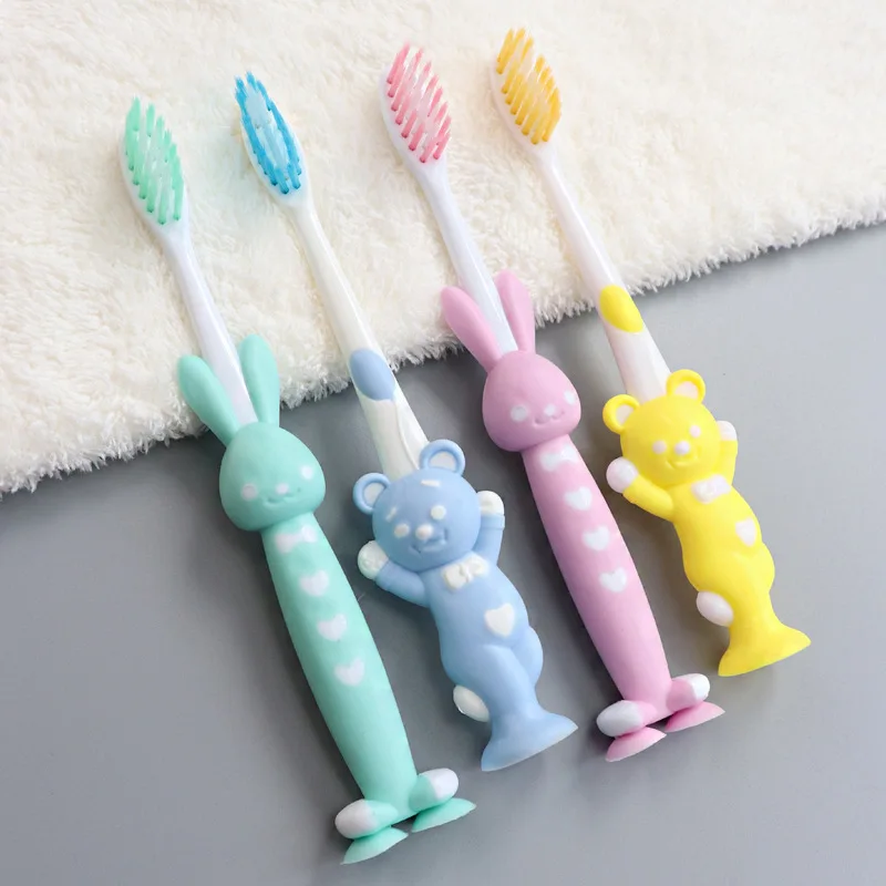 Kids Baby Soft-bristled Toothbrush for Bamboo Charcoal Short Handle Children\'s Cute Rabbit Bear Design Teeth Care 4Pcs/Set