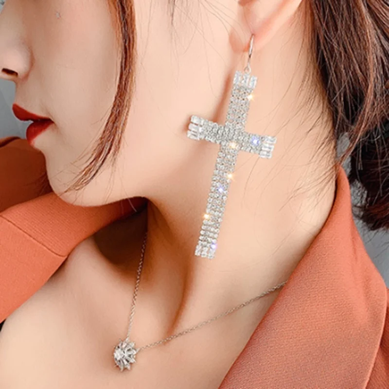 Women Geometric Crystal Drop Earrings Oversized Cross Rhinestone Pendant Earrings Personality Earrings Party Jewelry