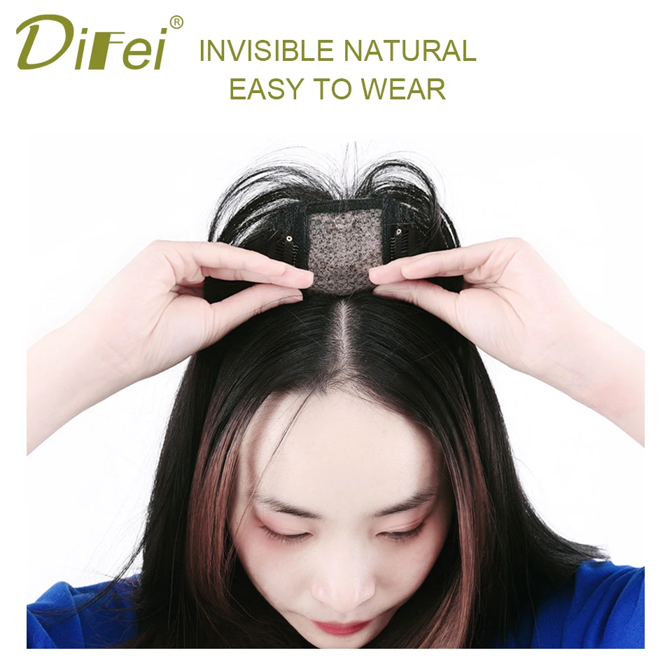 DIFEI-Cabelo Humano com Franja, Peruca Meia Cabeça, Liso Natural Fofo, Invisível, Substituição Sem Costuras, Cabelo Sintético