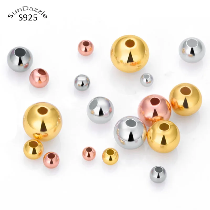 Real Pure Solid 925 Sterling Silver Beads Spacers 18K Rose Gold Round Smooth Loose Bead DIY Jewelry Findings Accessories