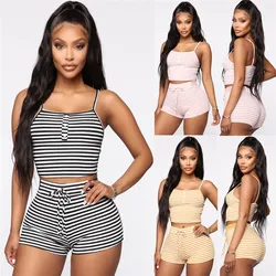 Women 2pcs Set Striped Slim Pajama Set Sleepwear Sexy Sleeveless Strap Crop Top Shorts Set Night Wear Homewear Pajama Sets 2020