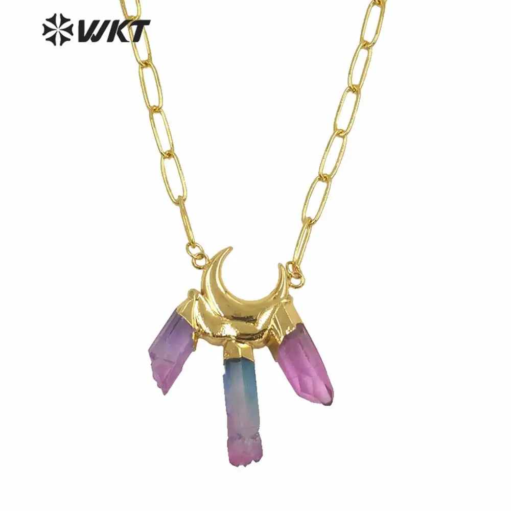 

WT-n1251 Fashion natural aura quartz necklace lady bohemian vintage triple crystal quartz stone necklace with link chain