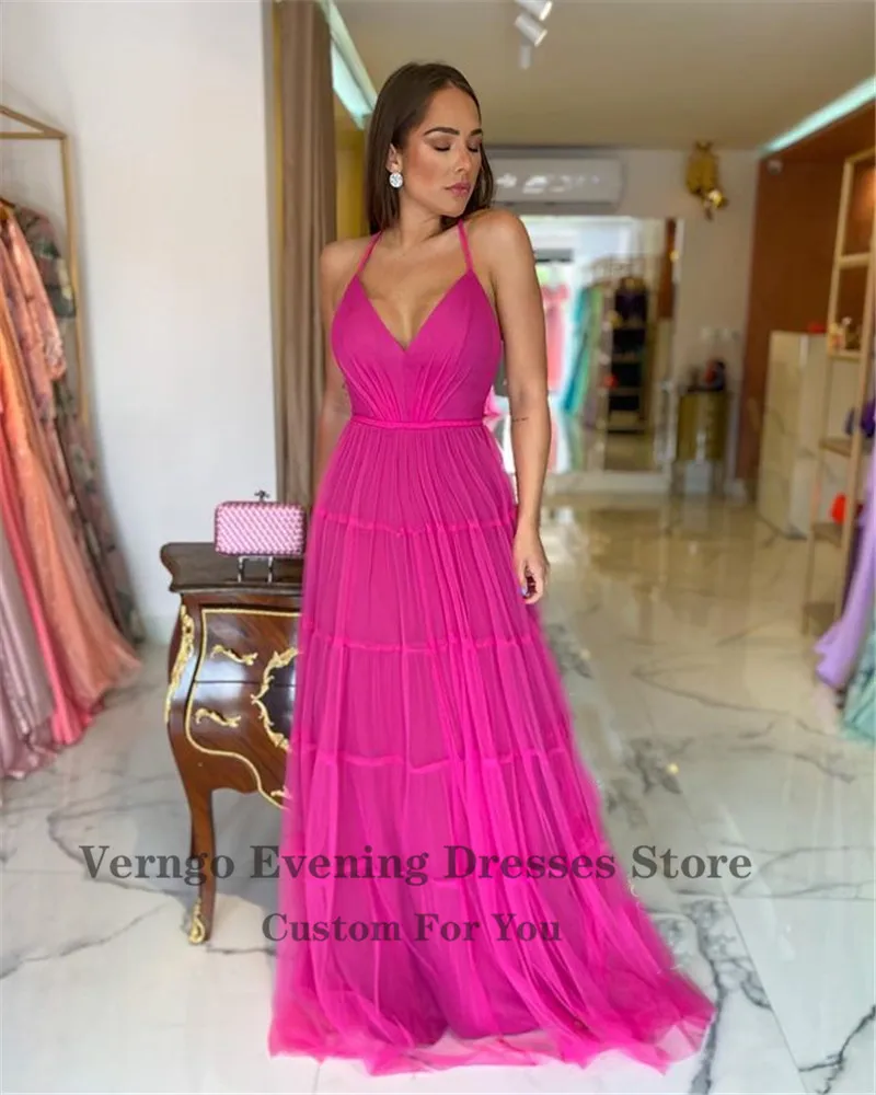 Verngo 2021 Hot Pink Tulle A Line abiti da ballo lunghi Sexy Halter Criss Cross Backless lunghezza del pavimento abiti da sera per occasioni