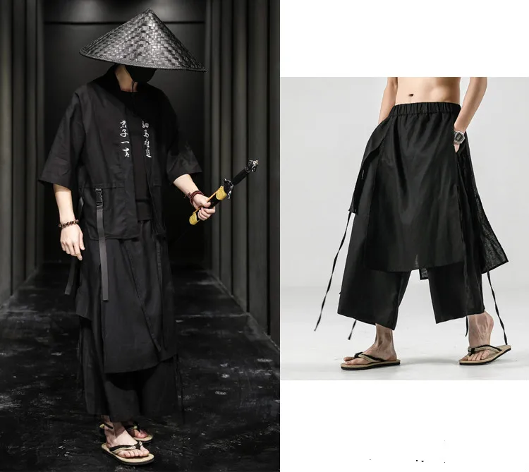 Men Chinese Style Cotton Linen Pants Black Wide-Leg Pants Men Comfortable Skirt Pants Ancient Male Loose Hanfu Kung Fu Trousers