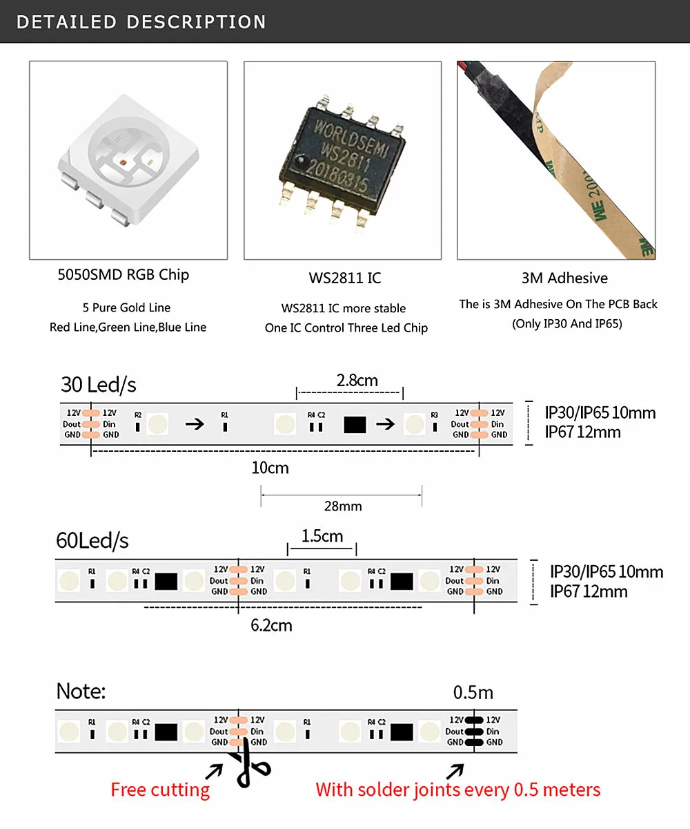 DC12V WS2811 Addressable Led Pixel Strip Light 30/60 LEDs Full Colors 5050 RGB Flexible Digital Ribbon Tape 1 IC Control 3 leds