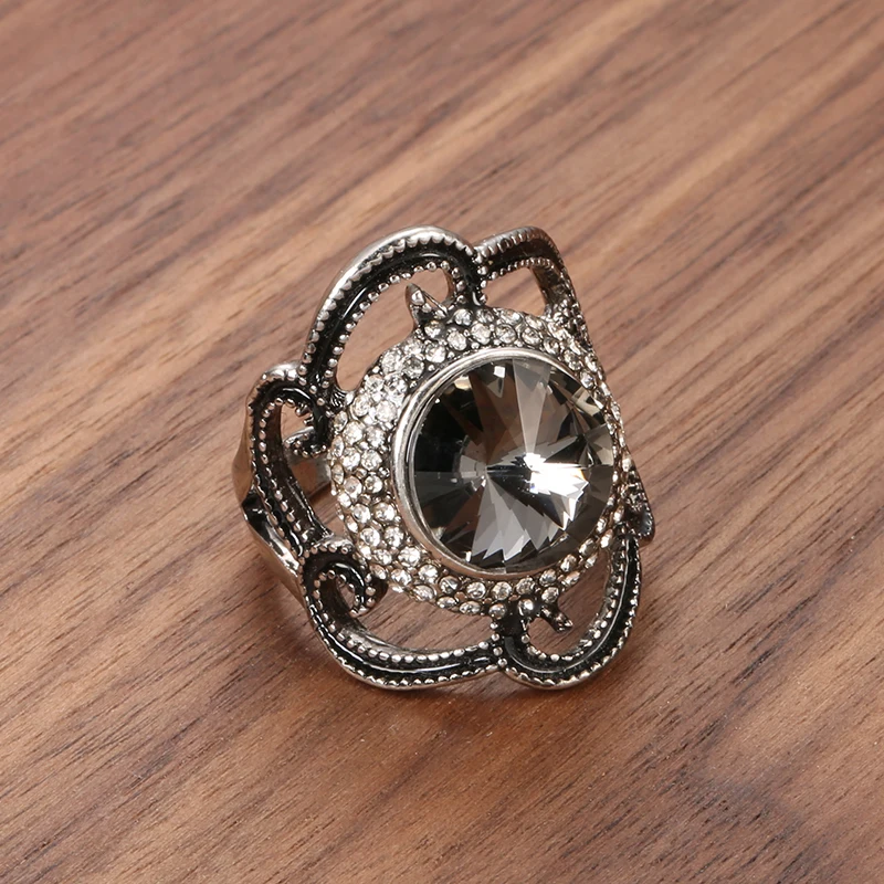 Kinel Fashion Gray Crystal Stone Flowers Female Ring Tibetan Silver Ethnic Wedding Vintage Jewelry