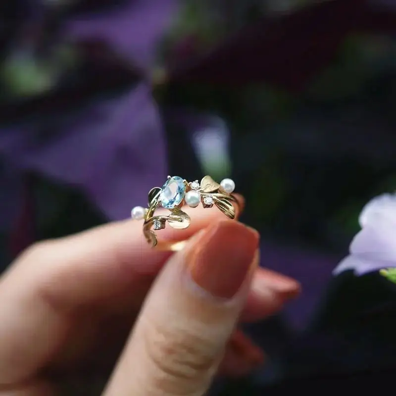 New product leaf-wrapped pearl aquamarine drop-shaped opening adjustable ring for girlfriends and friends holiday gifts