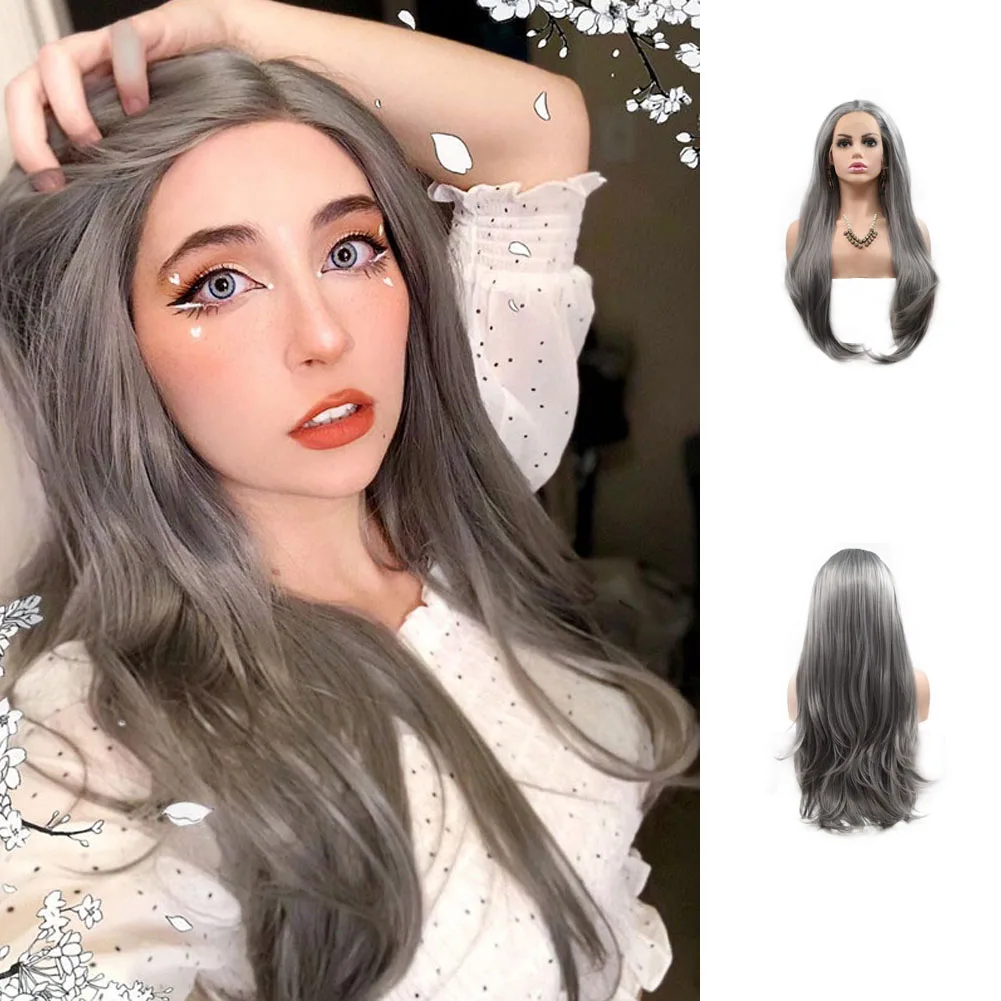 

Dark Gray Synthetic Lace Front Wig Natural Long Straight Free Parting Heat Resistant Fiber Cosplay Makeup Wigs for Women 24 Inch