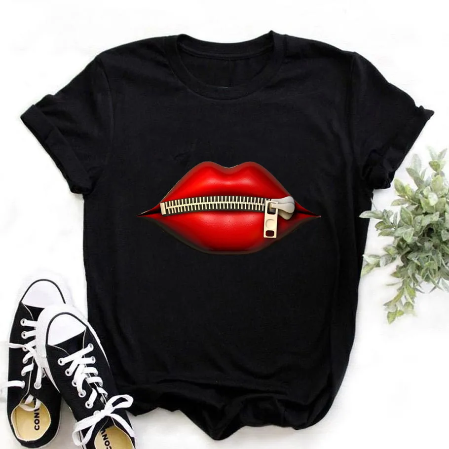 

Sexy Red Lips Black Tshirt Women Summer Tops Graphic Tees Harajuku Kawaii T-Shirt Clothes Girl Mouse T Shirt Female