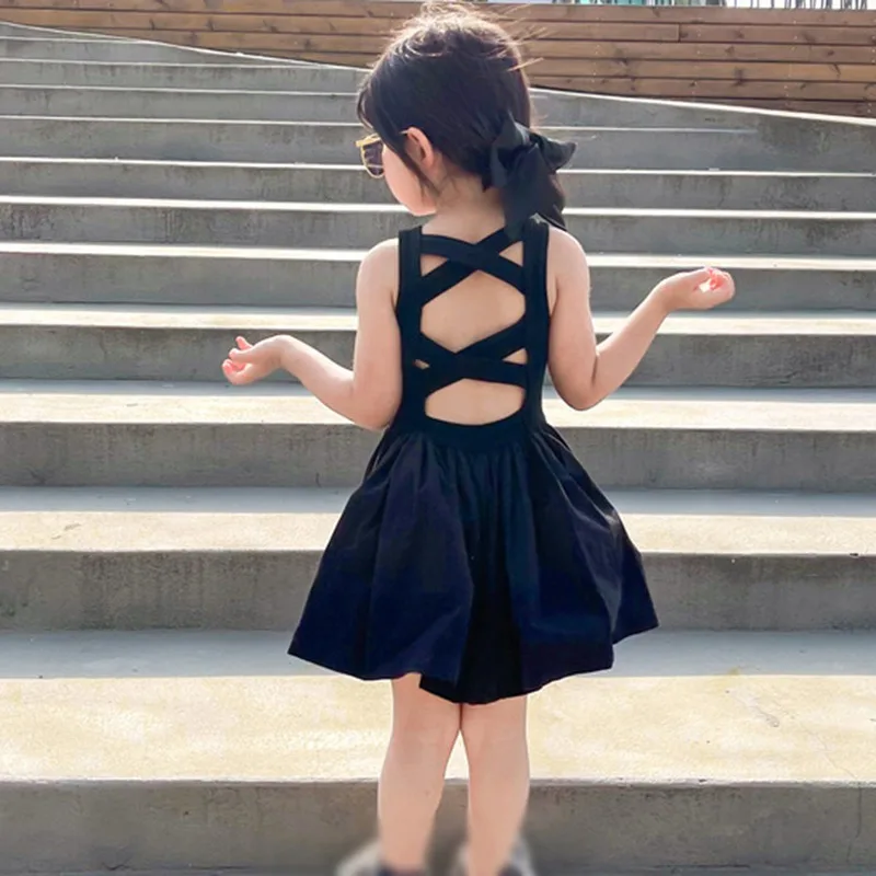 Young Girls Elegant Goth Dresss Black Sleeveless Tutu Dress Backless Off Shoulder Party Kid Dresses 1 2 3 4 5 6  Years Old