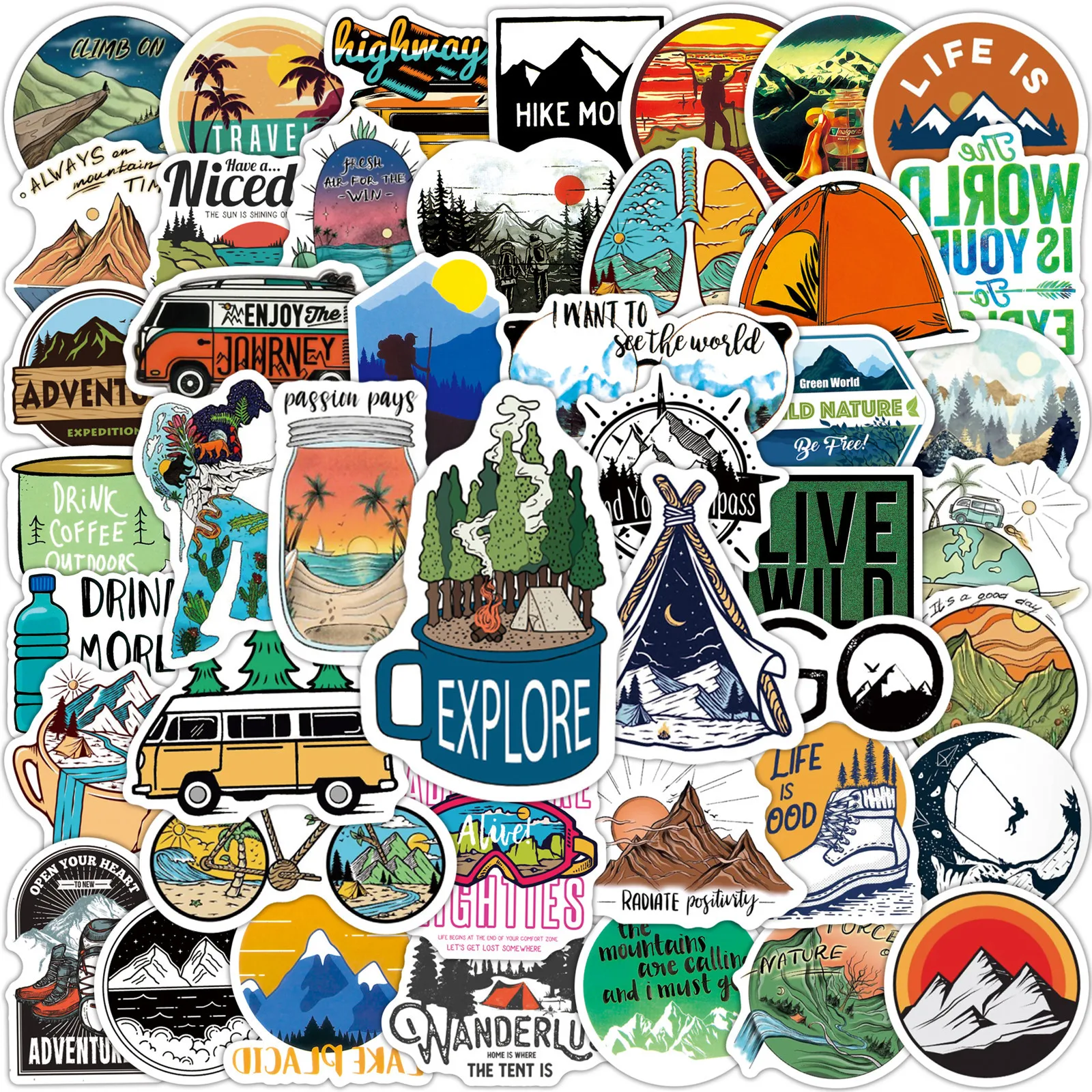 10/50/100pcs Travel Hiking Outdoor Wild Adventure Stickers Outside Camping Decal for Phone Laptop Luggage Bike Car Sticker