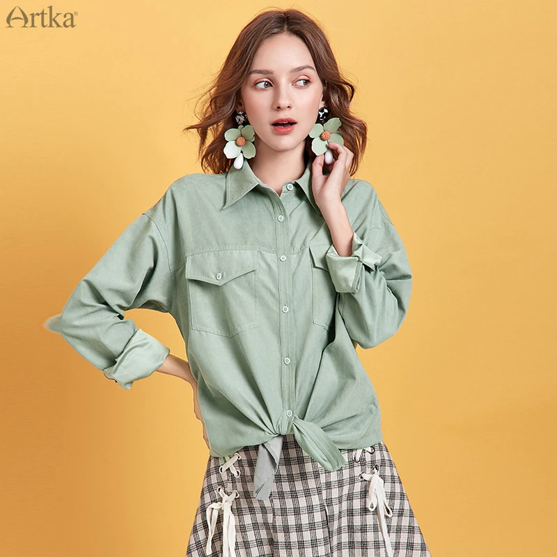 ARTKA 여성용 턴다운 칼라 블라우스, 순색 셔츠, 미니멀리스트 루즈 캐주얼 긴팔 블라우스, SA10394Q, 2020 봄 신상