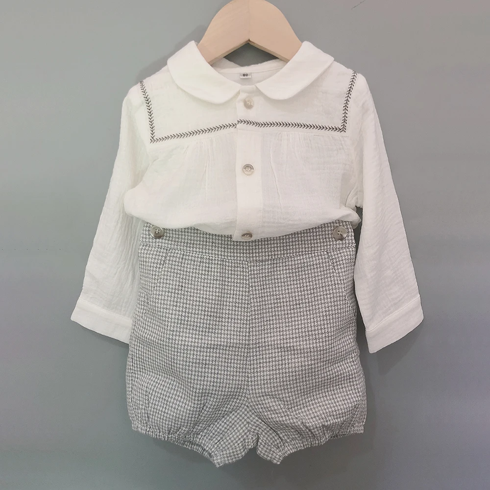 

2Pcs Children Boutique Clothing Set Ins Trend Baby Boys And Girls Fashion Suit Long Sleeve Cotton Shirt Houndstooth Shorts