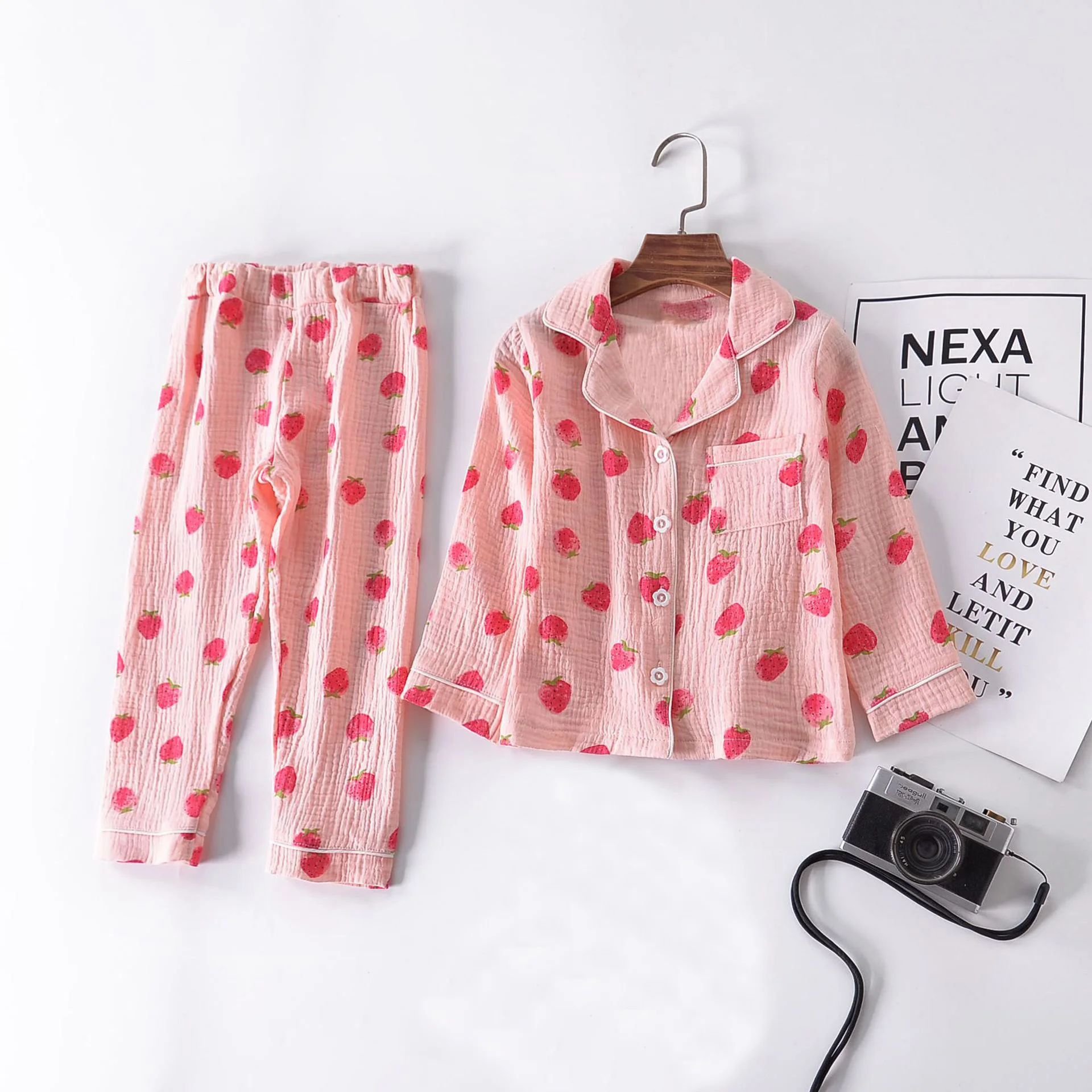 BINIDUCKLING Cotton Kids Pajamas Set For Girls Boys Long Sleeve Soft Homewear For Children Toddler Girl Pink Strawberry Pyjamas