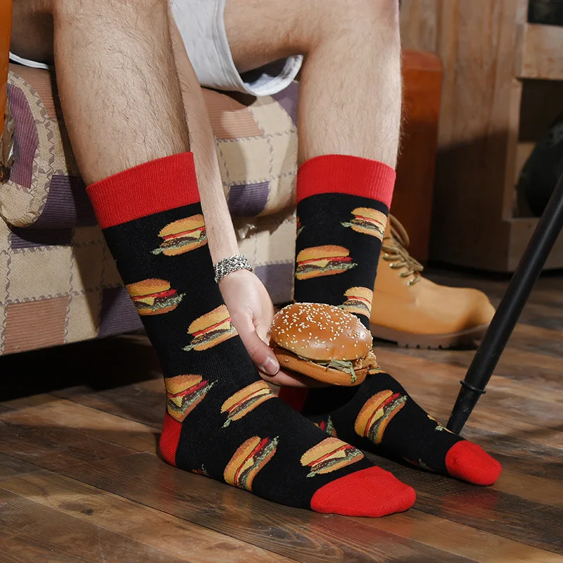 Men's Socks Funny Big Size Alien Delicious Food Print Colorful Snacks Burger Pizza Happy Harajuku Skate Cotton Sokken