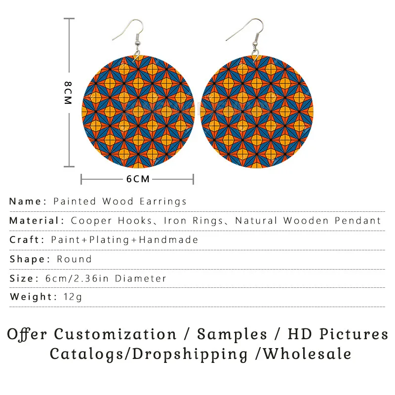 SOMESOOR African Wax Fabric Fleurs the Yards Ankara Pattern Both Sides Printing Wooden Drop Round Earrings For Women