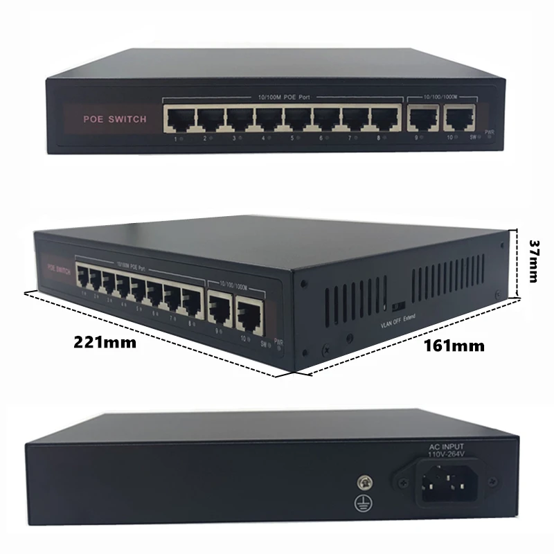 Interruptor Ethernet POE de 48V, con 8 puertos de 10/100Mbps, IEEE 802,3 af/at adecuado para cámara IP/AP inalámbrico/sistema de cámara CCTV