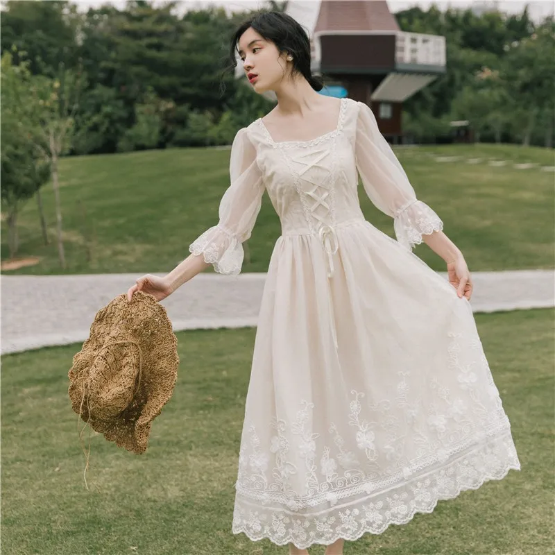 

Summer Lace Sweet Elegant Dress Women Evening Party One Piece Dress Korean Kawaii Short Sleeve Dress Female Square Collar 2022