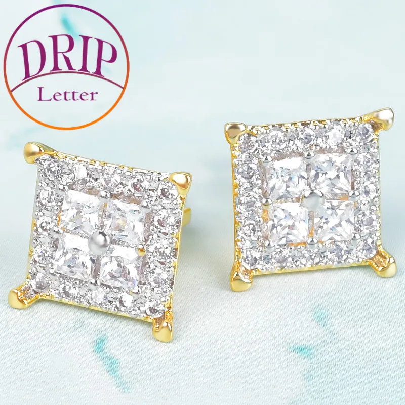 Big Square Baguette Zircon 12MM Stud Earring Double Color Charm Screw Back Women Men's Earrings Fashion Hip Hop Jewelry