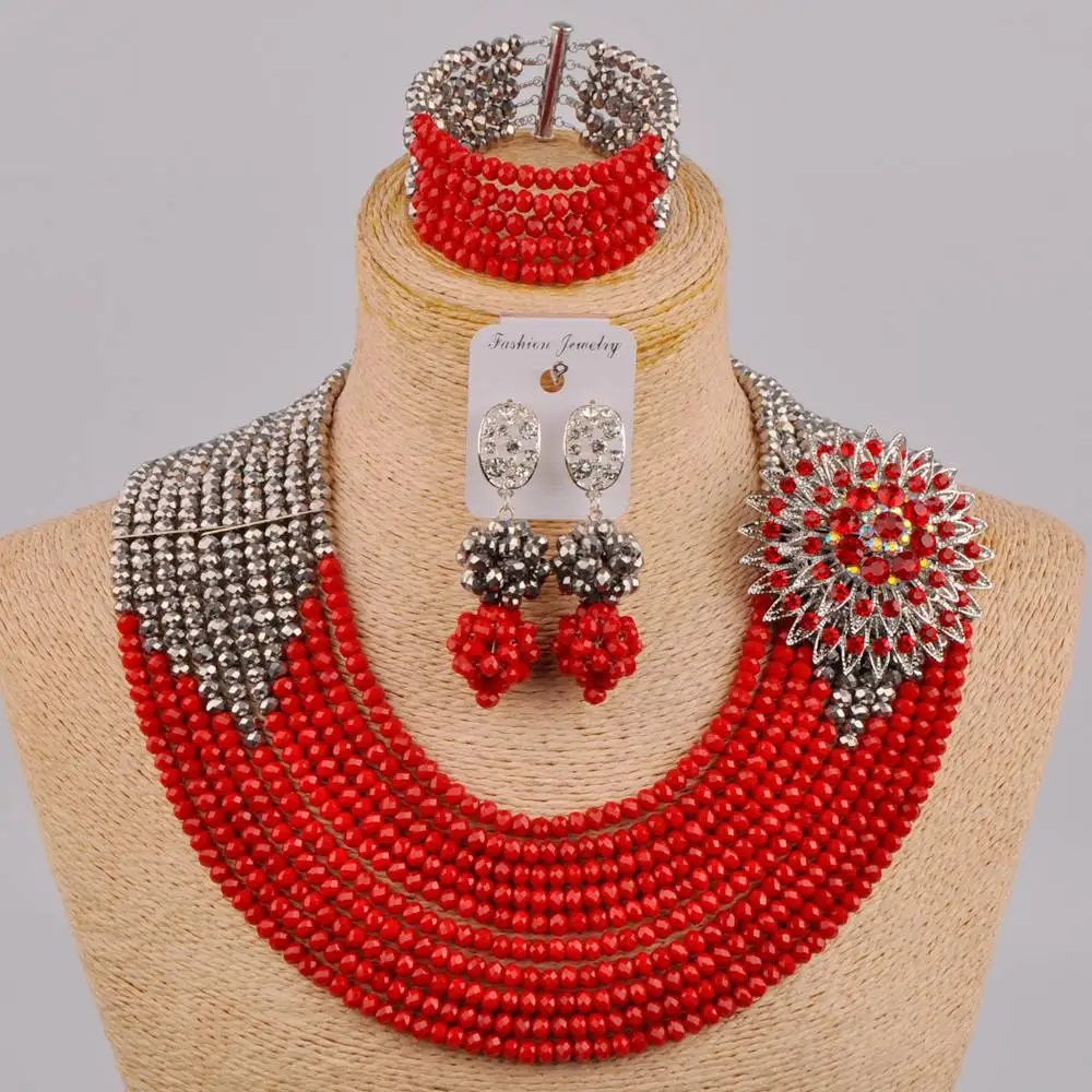 Fabulous Opaque Red Crystal Nigerian Traditional Wedding African Beads Jewelry Set Free Shipping DSJ-01