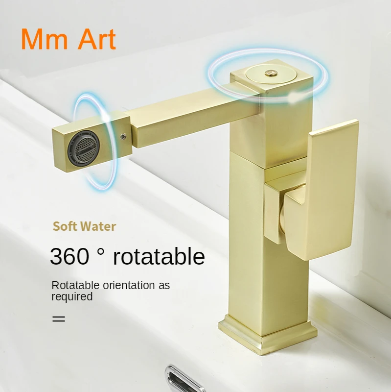 Brushed Golden Bathroom Wash Basin Faucet Double Hole Household Hand Washing Basin Faucet Rotatable Toilet Cold and Warm