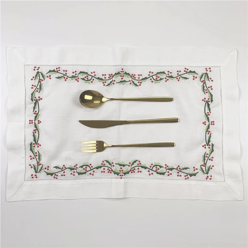 

Table Cloth White Hemstitch Linen Table Runner /Placemats with embroidered Floral for elegant lunch or dinner 14x20 inch