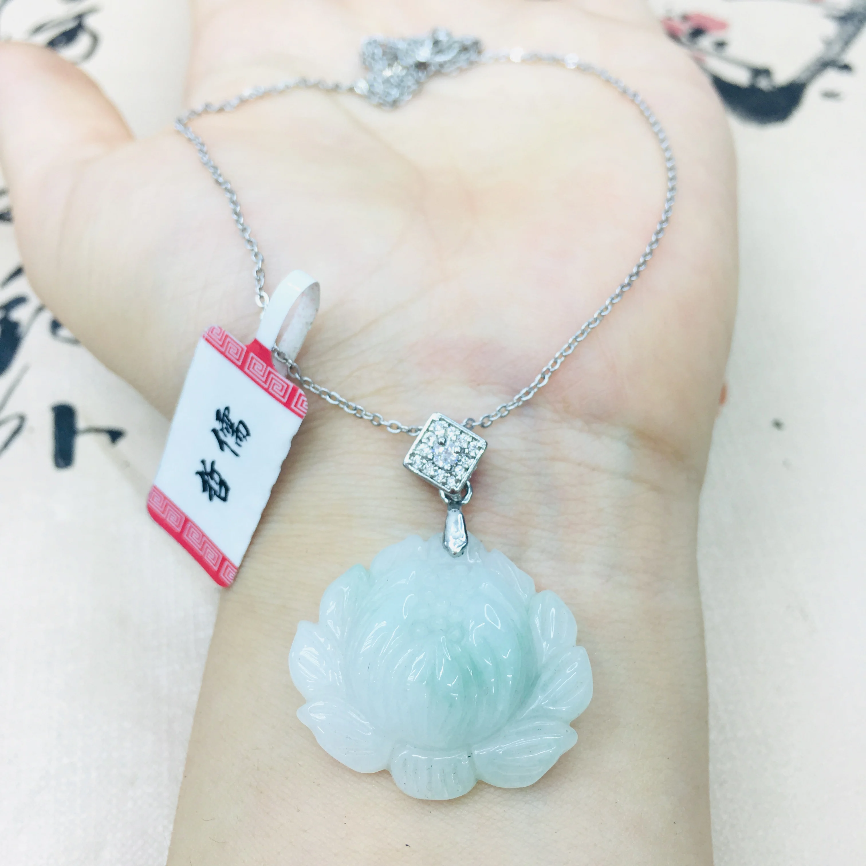 Natural Burmese Ajadeite Carved Lotus Pendant with 925 Sterling Silver Necklace Elegant Lady Clavicle Chain