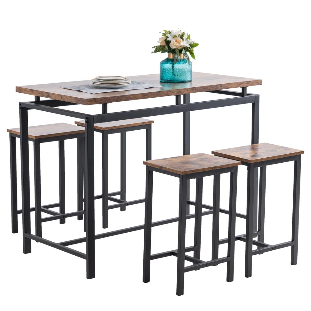 IN Stock 5 Piece Dining Table Set  Dining Set for 4  Wooden Table and 4 Stools Rustic Wood & Black US Warehouse