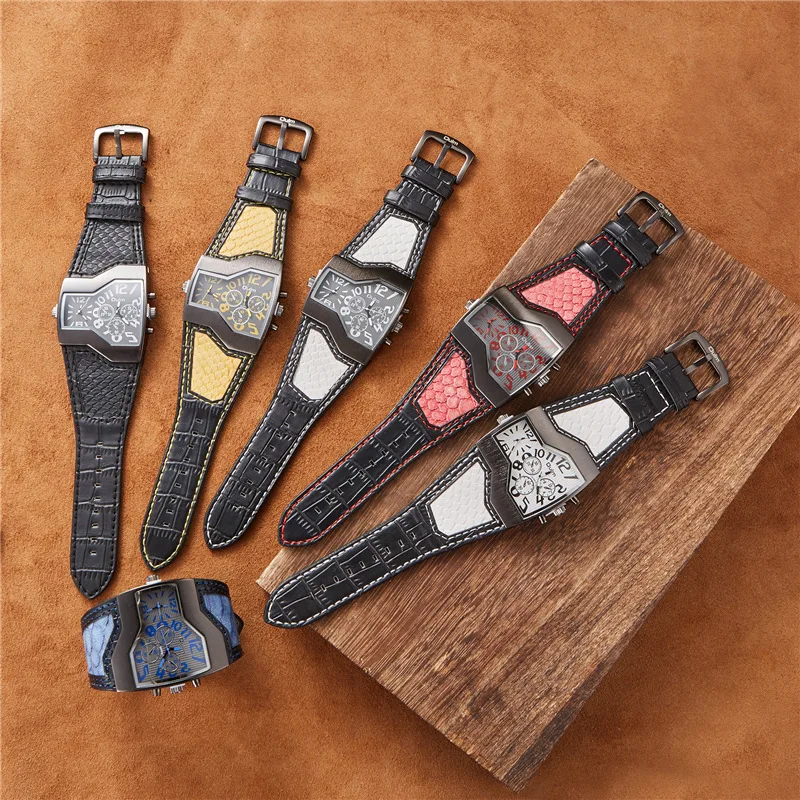 Oulm 1220 Unique Dragon Texture Design Men Wristwatches Two Time Zone Quartz Clock Male Sport Watch Leather Strap Watches